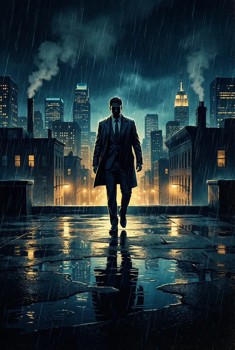 gogo人体美鮑 出品影片《雨夜独行者》海报，雨中城市屋顶男性剪影